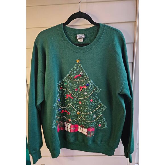 Green Vintage Ugly Christmas Sweatshirt Handmade Christmas Tree and Presents XL - Picture 1 of 14
